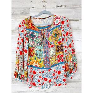 John Mark Women’s S Multicolor Floral 3/4 Cuffed Tassel Tie Embroidered Top NEW